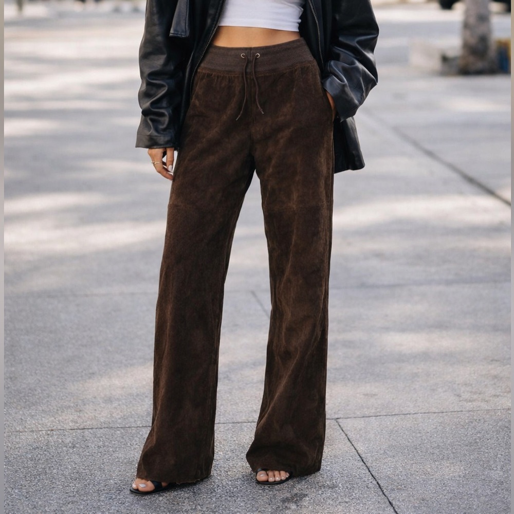 Danier Genuine Brown Leather Wide-Leg Pants Drawstring Waist Relaxed Fit size 10